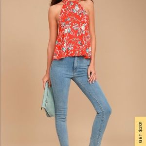 Lulu’s orange floral halter top in M